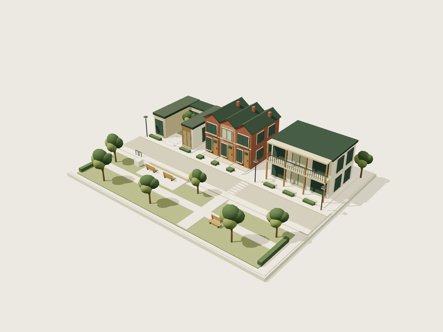 Architectural neighborhood study showing a courtyard house, townhomes, apartments and a common green.