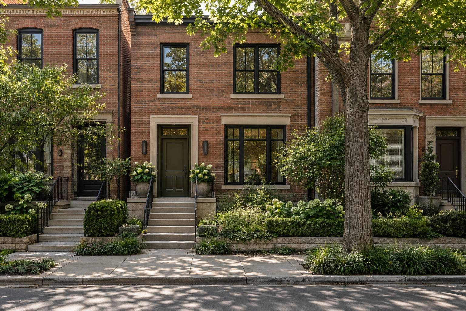 Red brick townhome frontage with a raised stoop, tall dark windows and a tree-lined sidewalk.