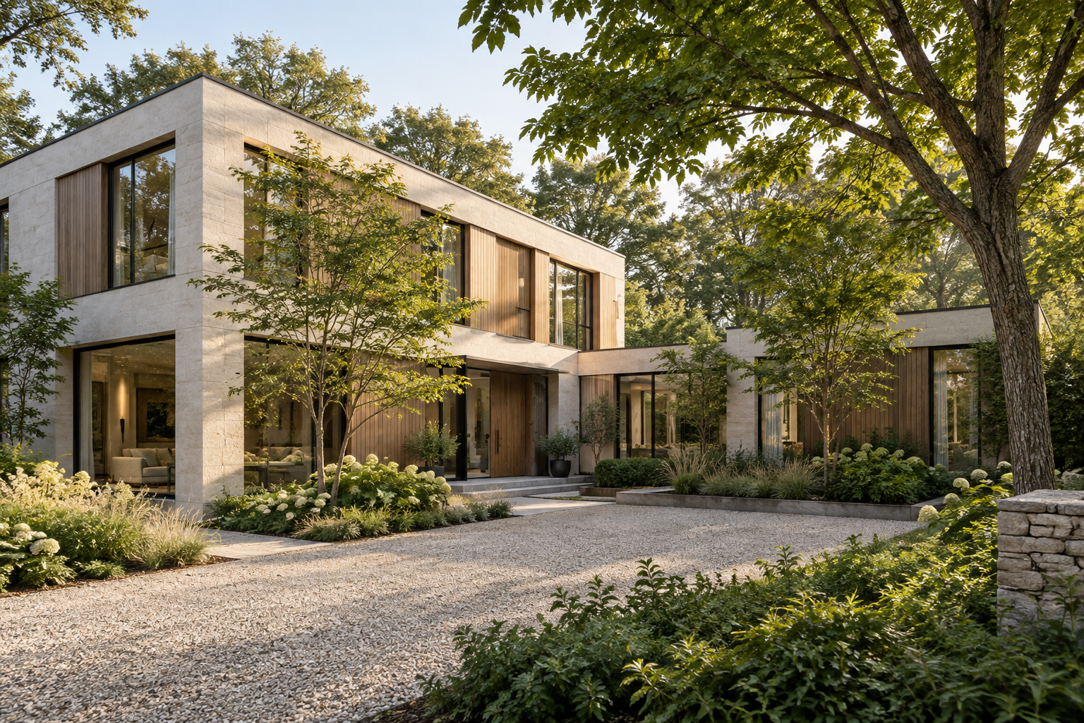Pale stone courtyard house with broad glazing, a gravel approach and layered planting.
