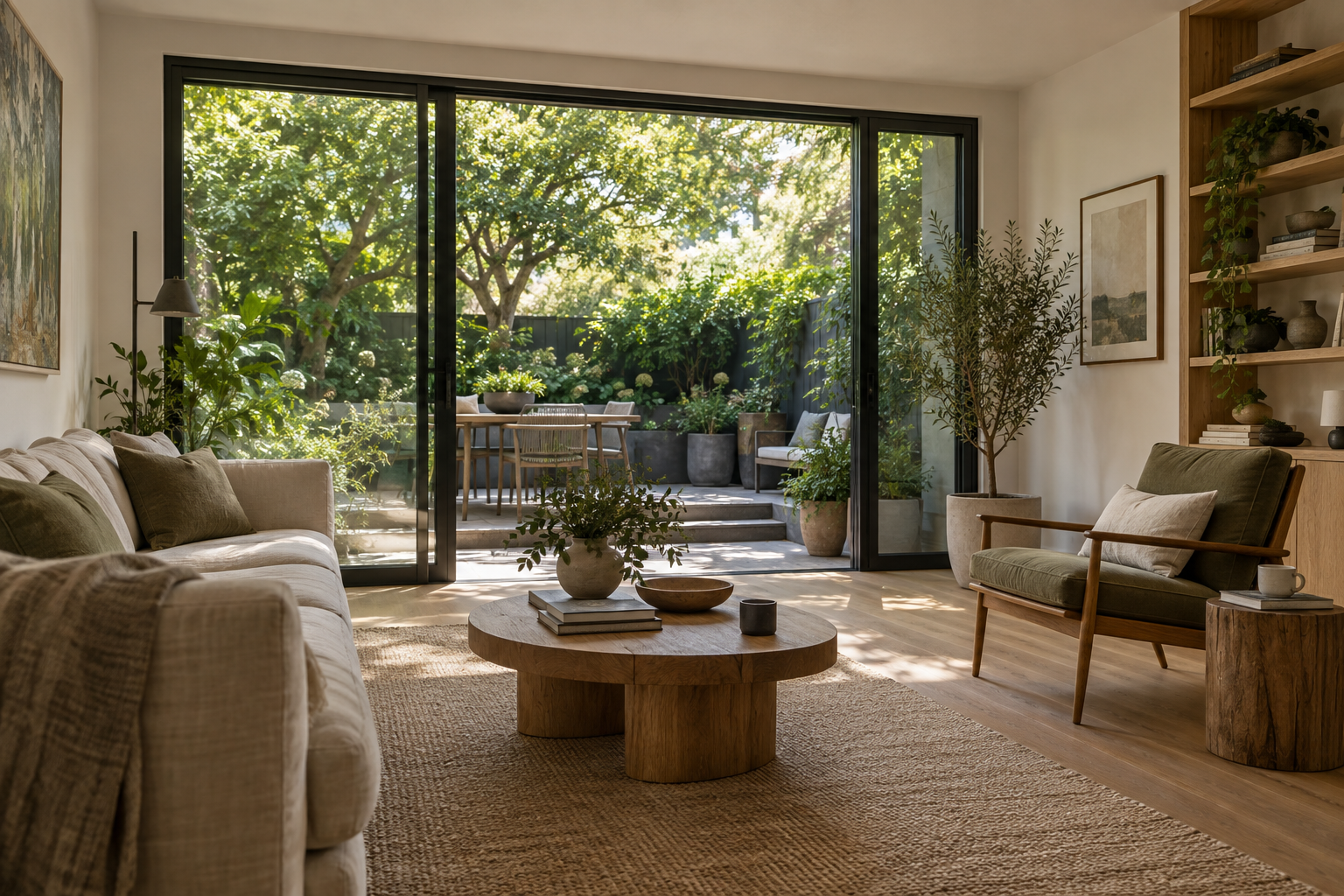 Garden apartment living room with large sliding glass doors opening onto a planted terrace.