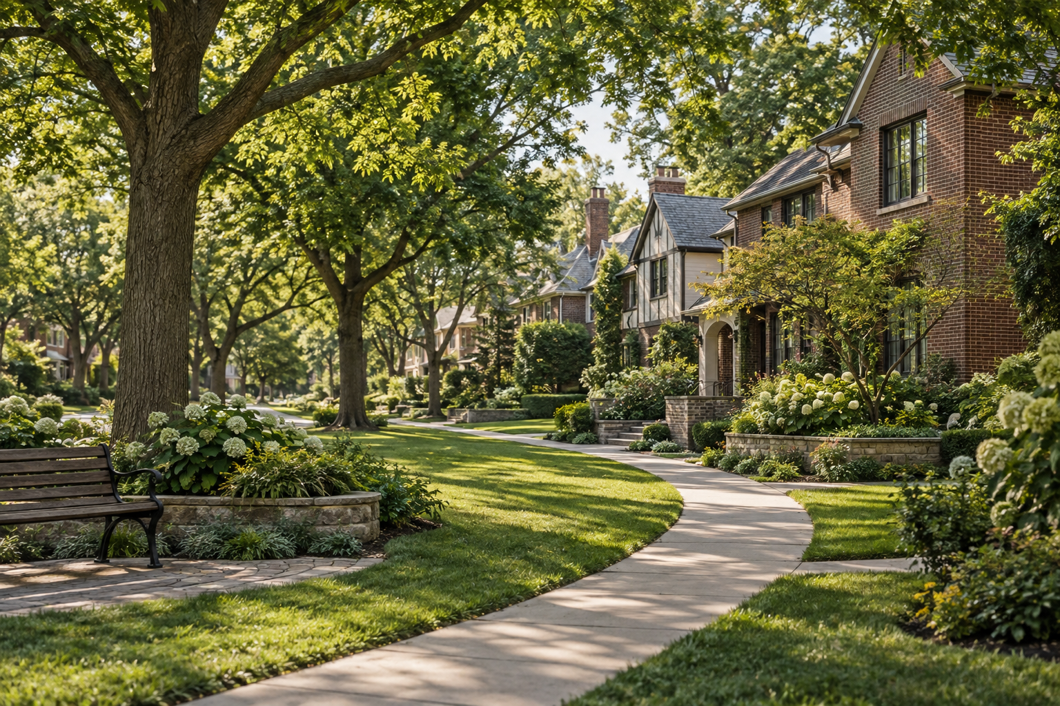 A curving path through a leafy neighborhood with planted front gardens and a bench.