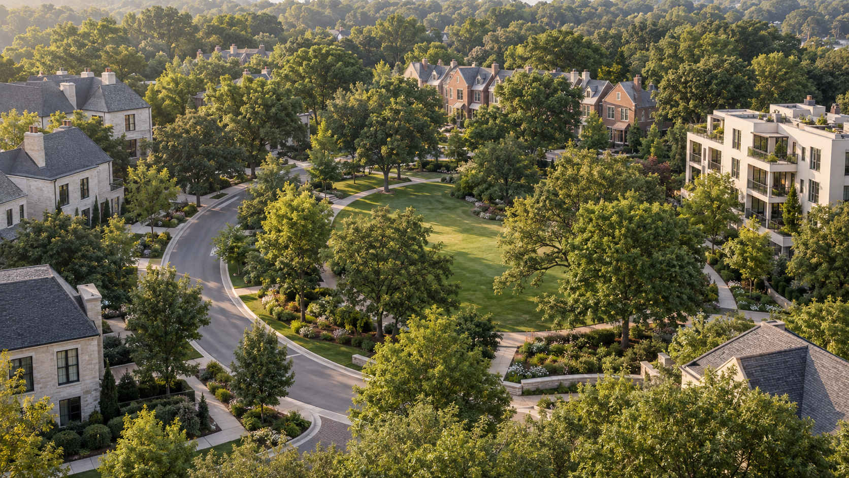 Homes gathered around a broad planted green and a curving neighborhood lane.